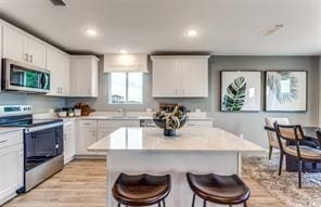 kitchen featuring appliances with stainless steel finishes, a breakfast bar area, white cabinets, a center island, and light hardwood / wood-style floors