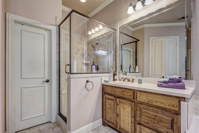 bathroom featuring vanity, an enclosed shower, and ornamental molding