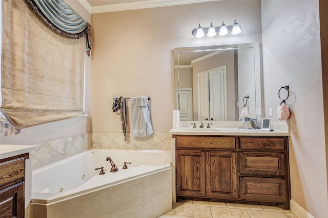 bathroom with ornamental molding, vanity, and a washtub