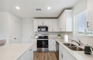 kitchen featuring appliances with stainless steel finishes, hardwood / wood-style floors, tasteful backsplash, sink, and white cabinets