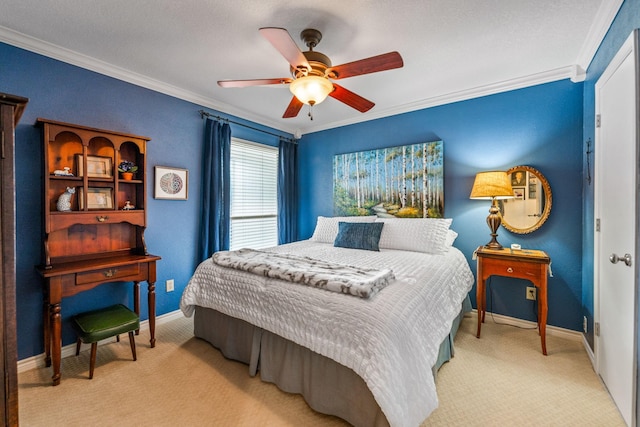 carpeted bedroom with crown molding and ceiling fan