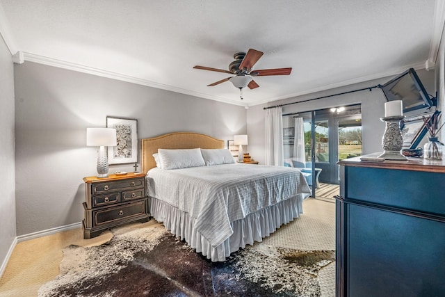 bedroom featuring ceiling fan, ornamental molding, carpet flooring, and access to outside