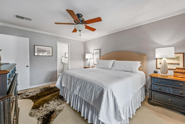 bedroom with light carpet, ornamental molding, ceiling fan, and ensuite bathroom