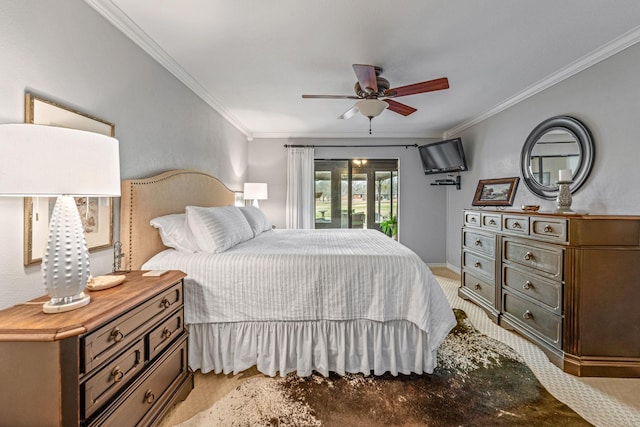 bedroom featuring ceiling fan and ornamental molding