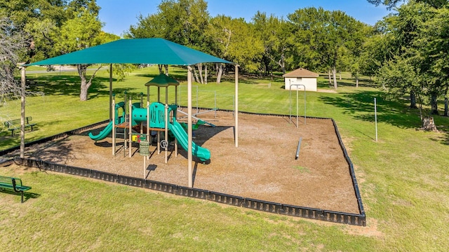 view of jungle gym featuring a yard