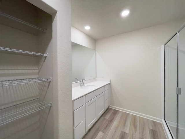 231 Marsh Ln, Princeton, TX 75407 - bathroom with hardwood / wood-style flooring, vanity, and a shower with shower door