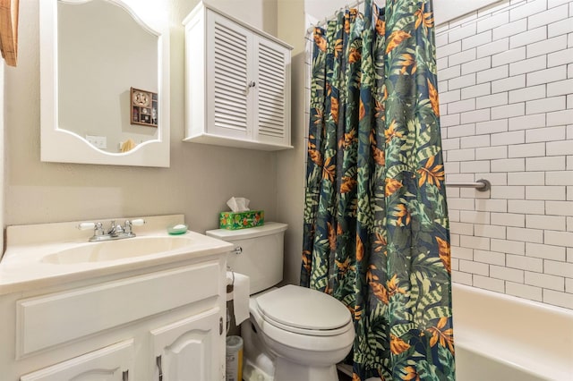 bathroom featuring toilet, shower / tub combo, and vanity