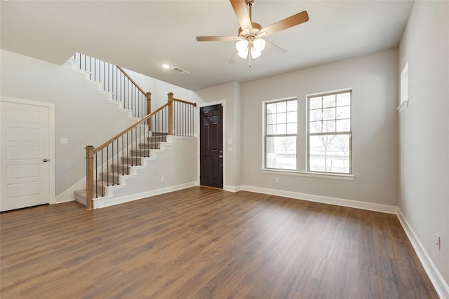 entrance foyer featuring dark hardwood / wood-style floors and ceiling fan