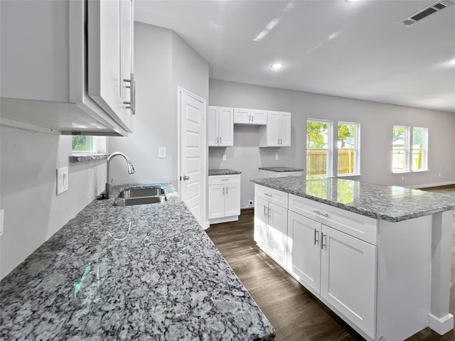 kitchen featuring visible vents, dark wood-type flooring, a sink, white cabinetry, and light stone countertops