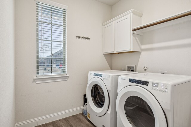 6201 Cheshire St, Celina, TX 76227 - laundry room featuring separate washer and dryer, dark hardwood / wood-style floors, and cabinets