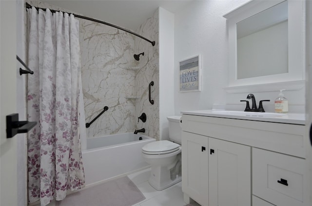 full bathroom featuring vanity, shower / tub combo with curtain, and toilet