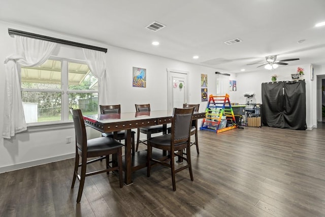 dining space featuring baseboards, dark wood-style flooring, visible vents, and recessed lighting