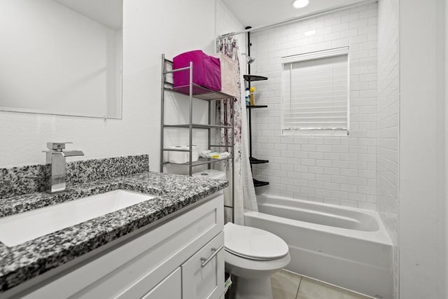 full bathroom with toilet, shower / bathtub combination with curtain, tile patterned flooring, and vanity