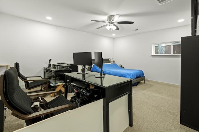 carpeted office featuring a ceiling fan, recessed lighting, and visible vents