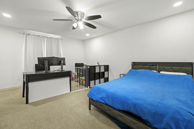 bedroom featuring baseboards, carpet, a ceiling fan, and recessed lighting