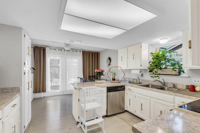 kitchen featuring sink, white cabinetry, stainless steel dishwasher, plenty of natural light, and kitchen peninsula