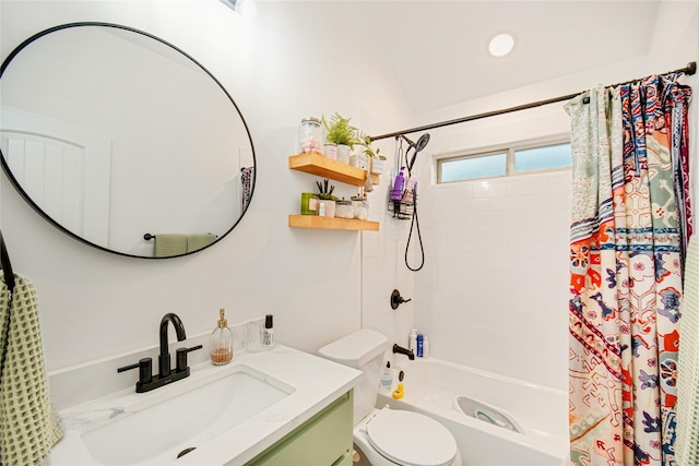 full bathroom featuring shower / tub combo with curtain, vanity, and toilet