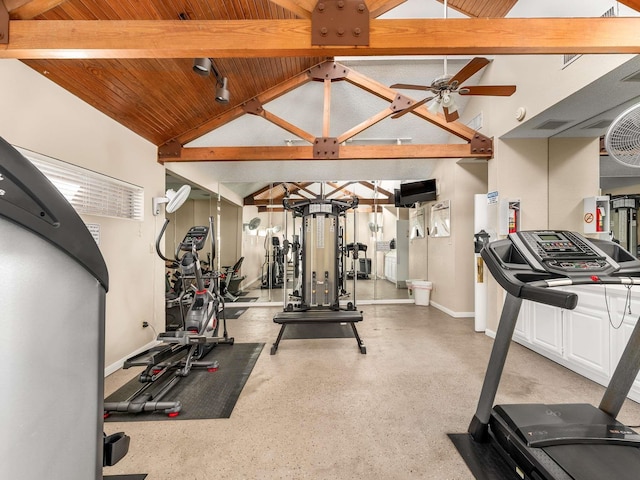 interior space with ceiling fan, wooden ceiling, and lofted ceiling