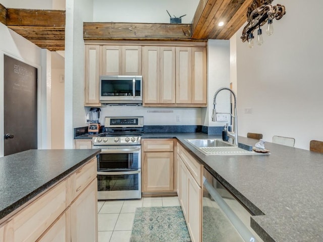 kitchen featuring appliances with stainless steel finishes, sink, light tile patterned floors, light brown cabinets, and wooden ceiling