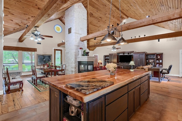 206 Pueblo Dr E, Lake Kiowa, TX 76240 - kitchen featuring a ceiling fan, butcher block counters, and open floor plan
