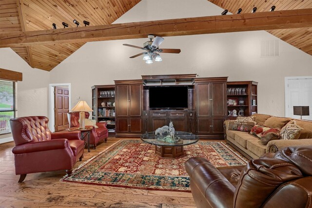 206 Pueblo Dr E, Lake Kiowa, TX 76240 - living room with visible vents, wood ceiling, light wood finished floors, and high vaulted ceiling