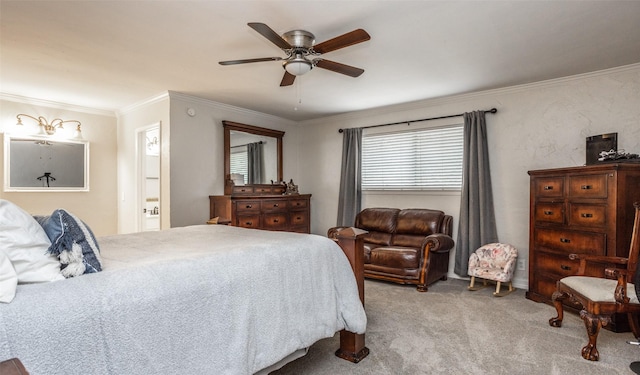 bedroom with light carpet, crown molding, and ceiling fan