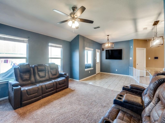 living room featuring ceiling fan and light carpet