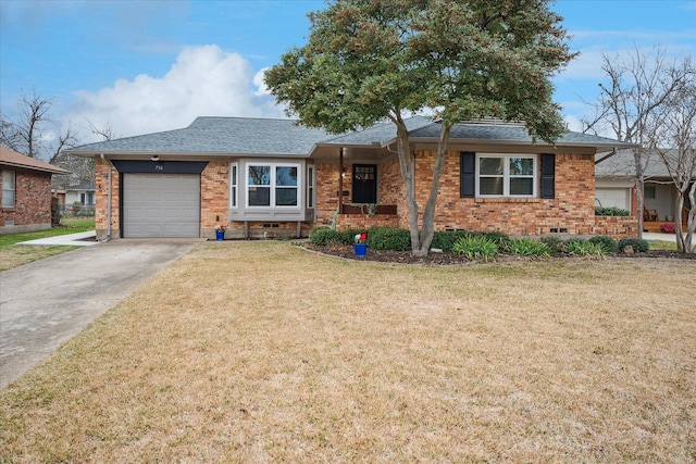 ranch-style house with a garage, crawl space, brick siding, and a front lawn