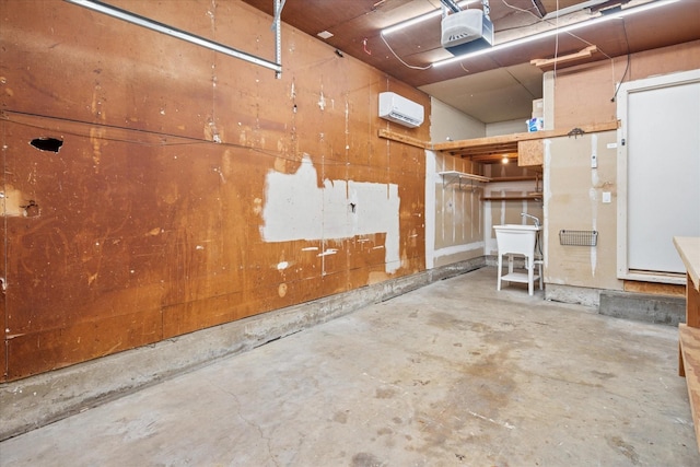 garage featuring a garage door opener and an AC wall unit