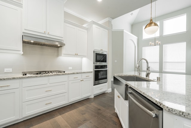 kitchen with hanging light fixtures, dark hardwood / wood-style flooring, stainless steel appliances, range hood, and white cabinets