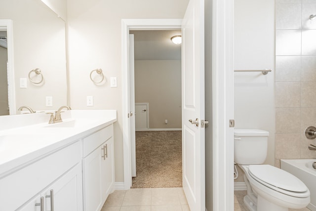 full bathroom with tile patterned flooring, vanity, shower / bathtub combination, and toilet