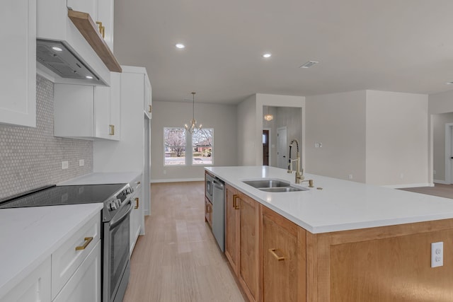 kitchen featuring white cabinetry, appliances with stainless steel finishes, a kitchen island with sink, and sink