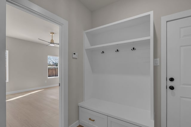 mudroom featuring ceiling fan and light wood-type flooring