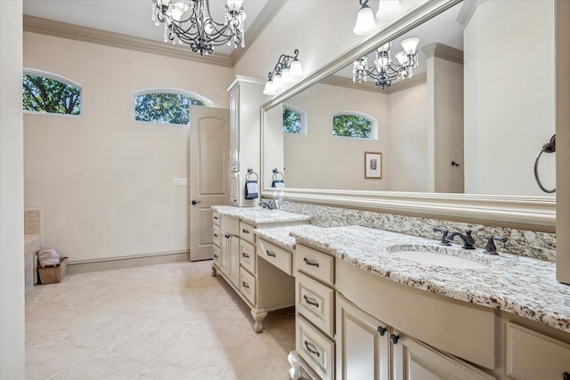 bathroom featuring ornamental molding, a notable chandelier, a sink, and double vanity