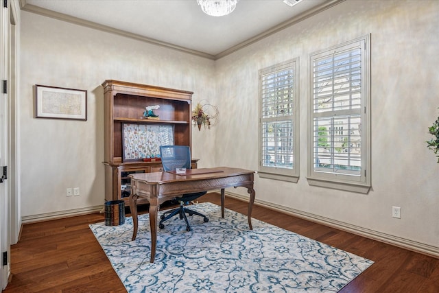 office space with an inviting chandelier, baseboards, dark wood finished floors, and crown molding