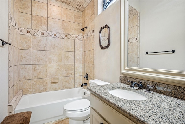 full bath with washtub / shower combination, vanity, toilet, and lofted ceiling