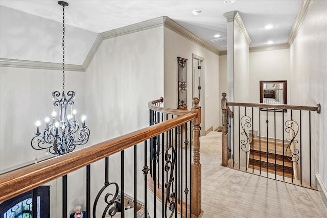 hallway with recessed lighting, carpet flooring, visible vents, an upstairs landing, and crown molding