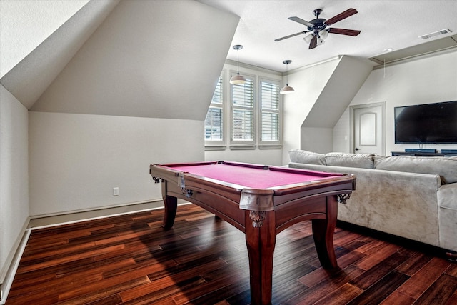 game room with attic access, visible vents, a ceiling fan, wood finished floors, and vaulted ceiling