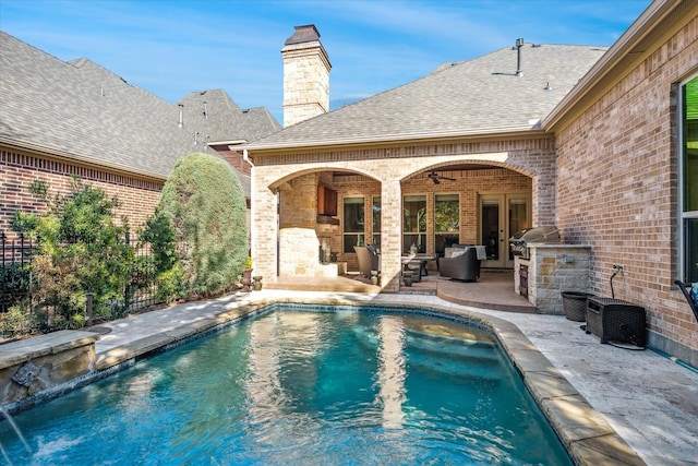 outdoor pool with central AC unit, a ceiling fan, a patio, fence, and french doors