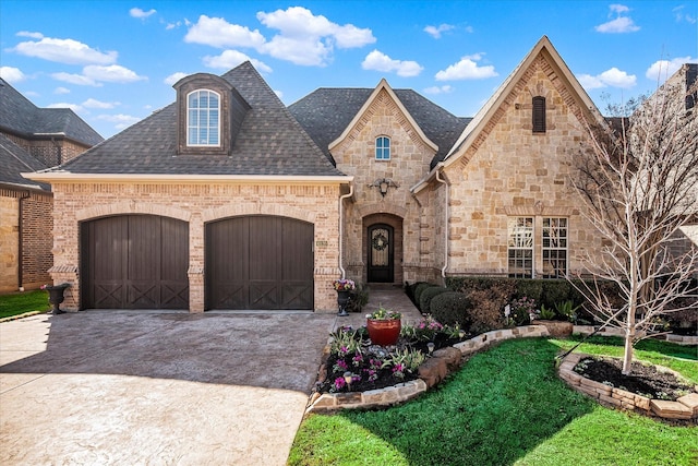 french country inspired facade featuring concrete driveway, roof with shingles, brick siding, and an attached garage