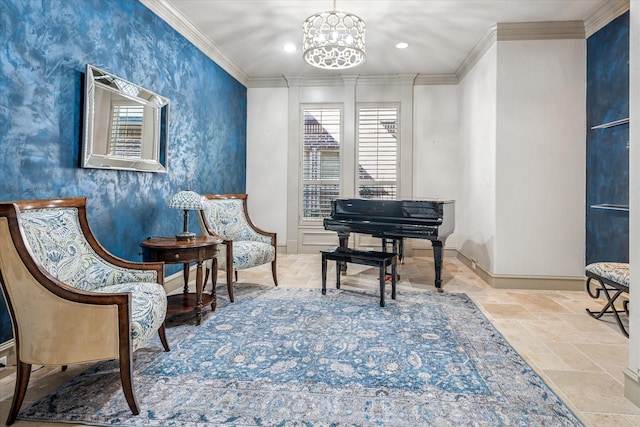 living area with stone finish flooring, crown molding, baseboards, and an inviting chandelier