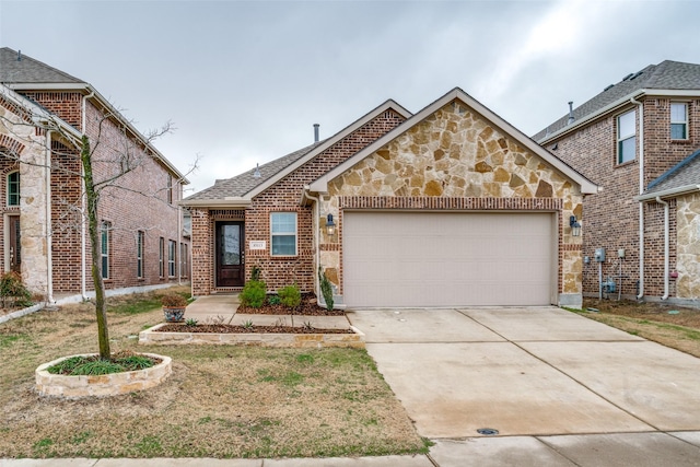 view of front of home featuring brick siding, concrete driveway, roof with shingles, a garage, and stone siding