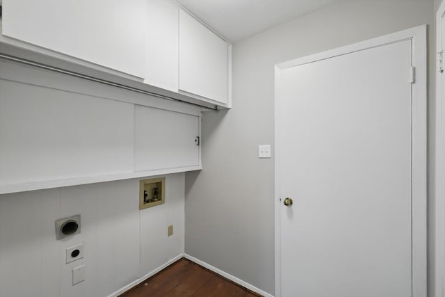 laundry room featuring cabinet space, baseboards, dark wood-style floors, hookup for an electric dryer, and washer hookup