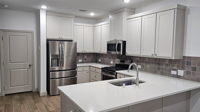 kitchen featuring sink, appliances with stainless steel finishes, white cabinetry, decorative backsplash, and kitchen peninsula