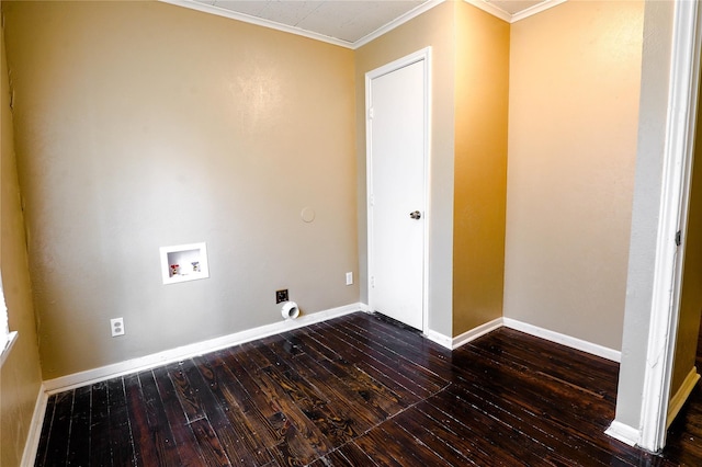 laundry area with hookup for an electric dryer, washer hookup, dark hardwood / wood-style flooring, and ornamental molding