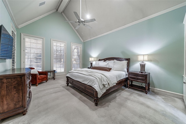 carpeted bedroom featuring beamed ceiling, ornamental molding, ceiling fan, and high vaulted ceiling