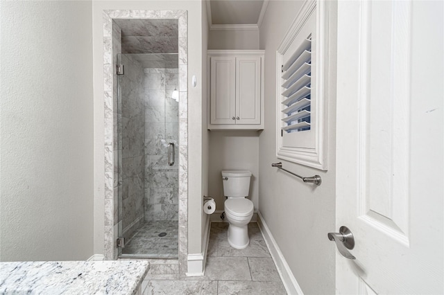 bathroom featuring ornamental molding, toilet, an enclosed shower, and vanity