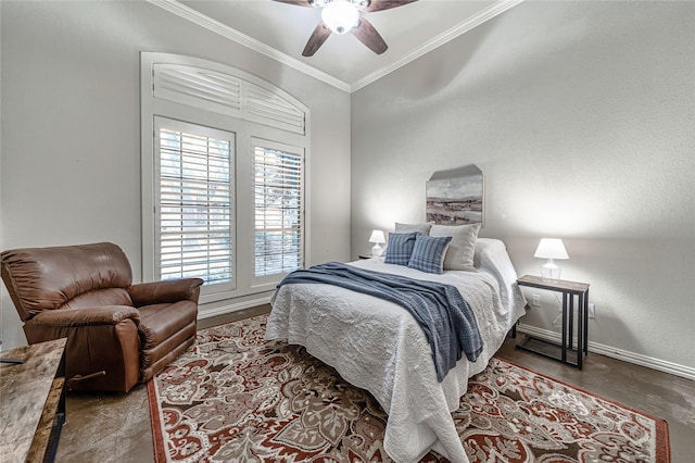 bedroom with crown molding, concrete floors, and ceiling fan