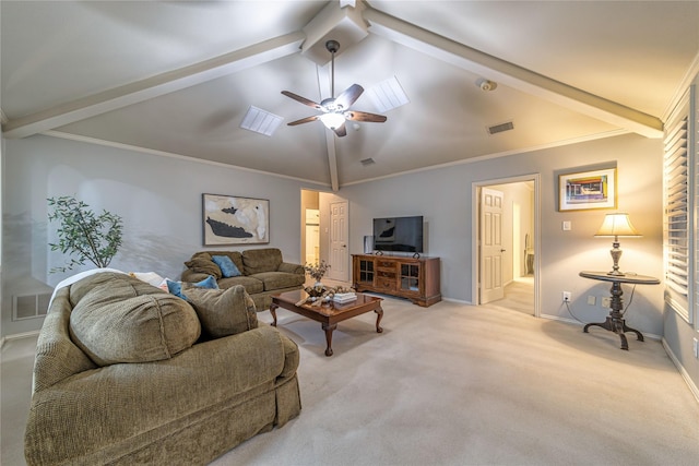 carpeted living room featuring crown molding, ceiling fan, and vaulted ceiling with beams