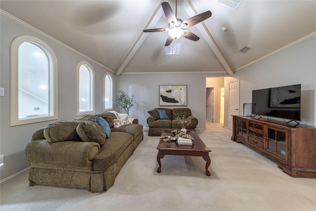 carpeted living room with ceiling fan, ornamental molding, and vaulted ceiling